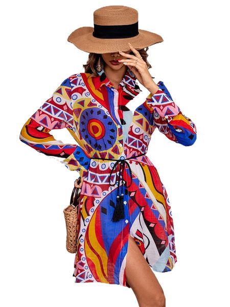 

geo print belted shirt dress v0sl#, Black;gray