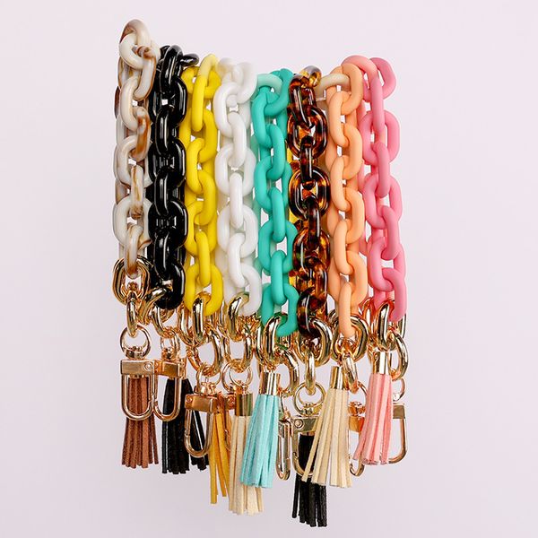 

2022 new jewelry acrylic link keychain chainlink wristlet key chain bracelets bangle keyring link with tassel trendy gift for her, Red;brown