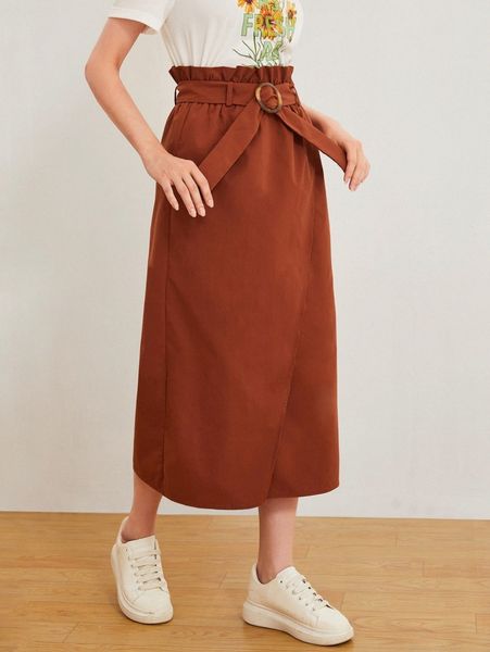 

paperbag waist split hem belted skirt e8rd#, Black