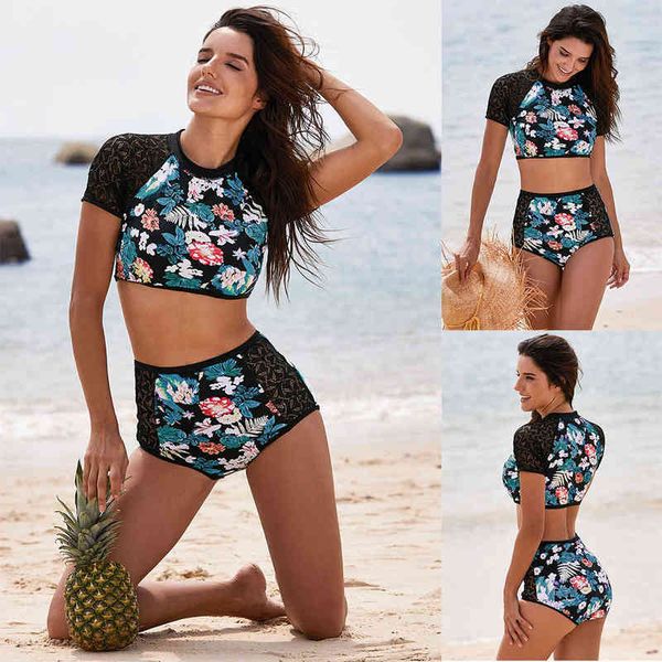 

designer swimwear bikini style short sleeve lace printed beach high waist briefs 2-piece fashion split swimsuit for women, White;black