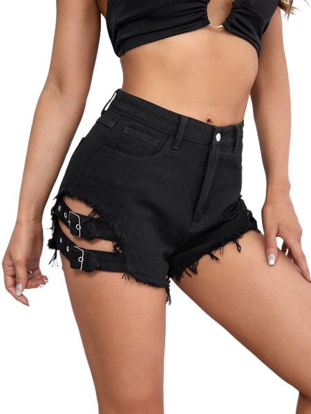 

buckle belted raw hem denim shorts o9sk#, White;black