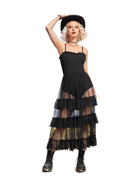 

romwe goth shirred contrast layered mesh cami dress n359#, Black;gray
