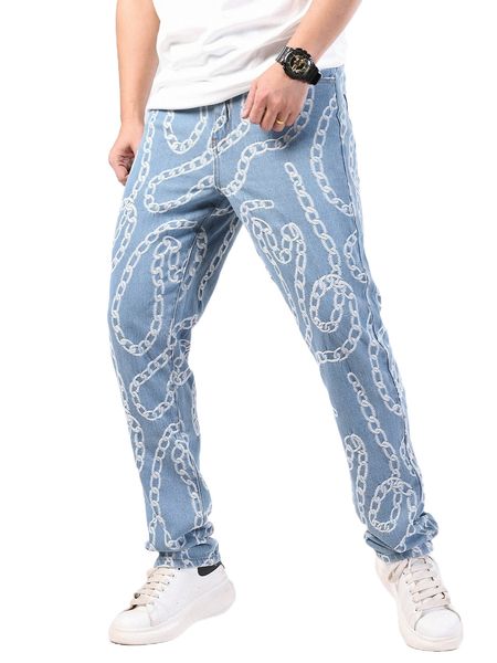 

men random chain print jeans x7f1#, Blue