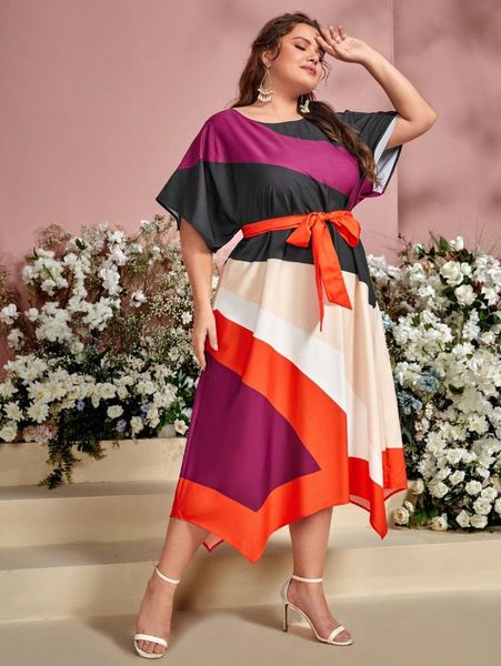 

plus colorblock batwing sleeve belted dress 64mn#, Black