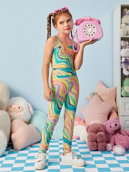 

girls marble print tank & wide waistband leggings set she, White