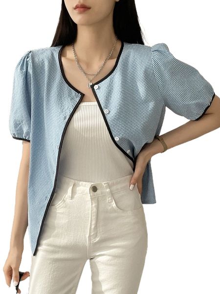 

dazy gingham contrast binding puff sleeve blouse l5qp#, White