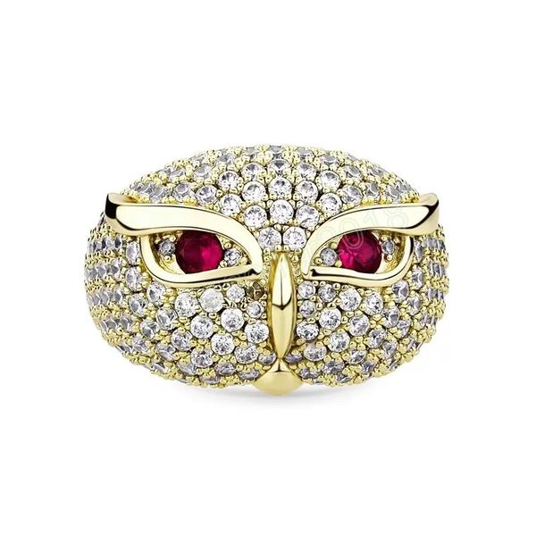 

hip hop side stones jewelry owl rings solid copper ring with red zircon iced out cubic zirconia, Silver