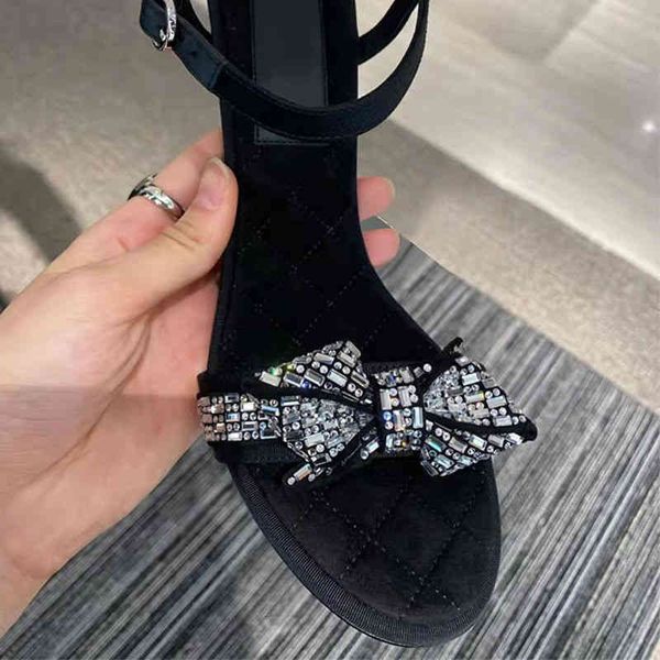 

sandals xiaoxiangfeng fashion sandal girl summer thick heel one-line belt crystal butterfly dew toe fairy style rvyv, Black