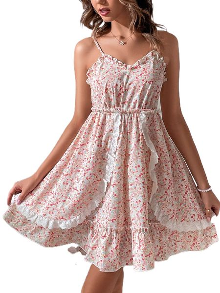 

ditsy floral eyelet embroidered ruffle trim cami dress y7rn#, Black;gray