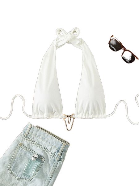

chain linked tie back halter bikini l4k0#, White;black