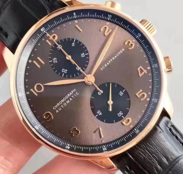 

new quartz chronograph men watch pilot portugieser sapphire rose gold coffee black blue leather sport white sport battery and asian atuomati, Slivery;brown