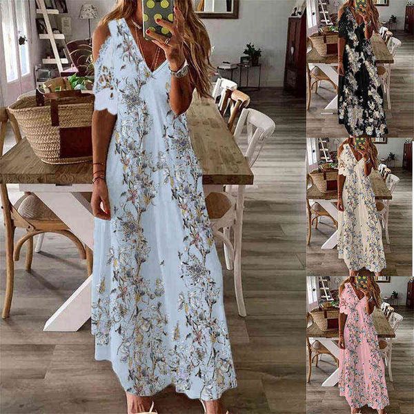 

2022 women's summer new lace short sleeve printed long bohemian dress, Black;gray