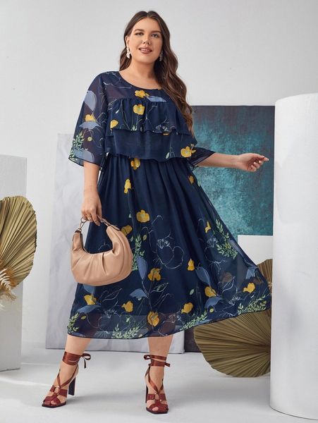

plus floral print ruffle trim dress j9md#, Black