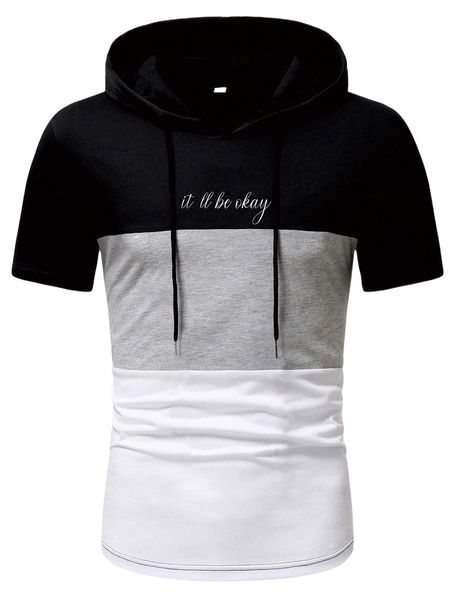

men slogan graphic colorblock drawstring hooded tee y2fs#, White;black