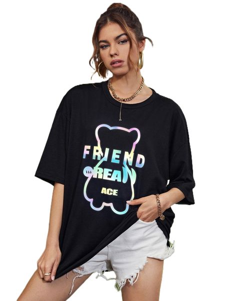 

bear & letter graphic drop shoulder oversized tee a7jj#, White