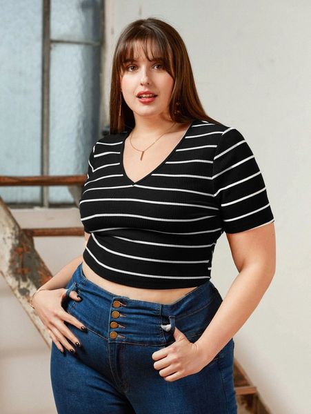 

frenchy plus striped tie back tee t1xn#, Black