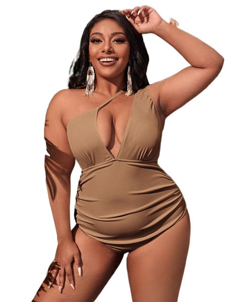 

plus one shoulder cut out one piece swimsuit q9jn#, White;black
