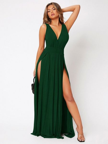 

solid split thigh wrap front dress m61p#, Black;gray