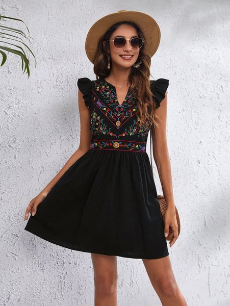 

floral embroidered butterfly sleeve dress w7uh#, Black;gray
