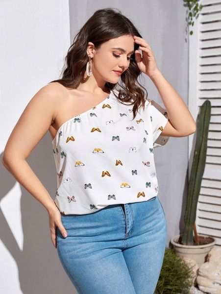

plus butterfly print one shoulder blouse k8fb#, Black