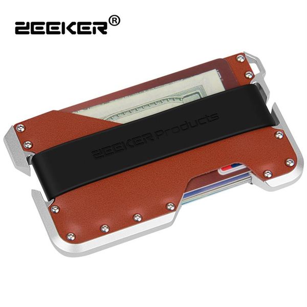 

zeeker new design aluminum metal rfid blocking credit card holder genuine leather minimalist card wallet for men305s, Brown;gray