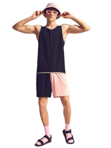 

men contrast binding tank & two tone drawstring waist shorts k4rs#, Gray