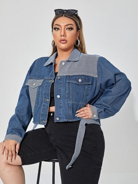 

plus contrast panel drop shoulder denim jacket i5pt#, Black;brown