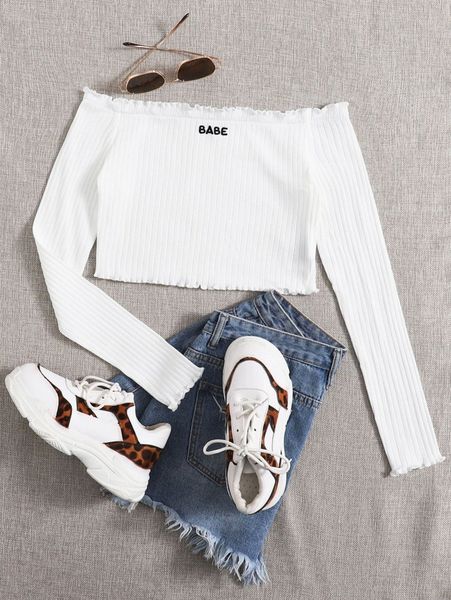 

off shoulder lettuce trim letter embroidery r8mk#, White