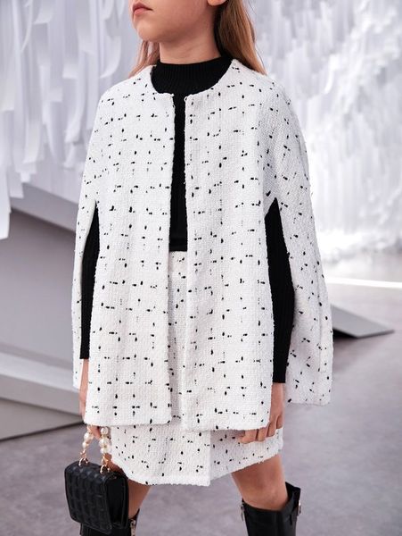 

girls cloak sleeve open front plaid tweed coat & skirt she, White