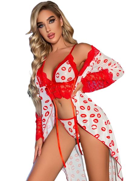 

3pack lip print contrast lace mesh lingerie set 27rq#, Black;red