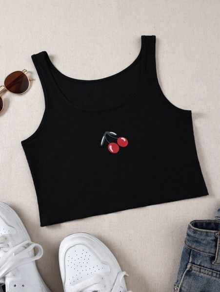 

cherry print scoop neck tank q61x#, White