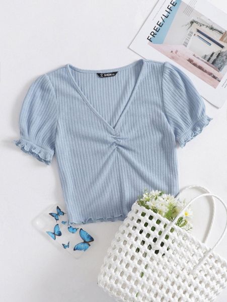 

ribbed lettuce-edge puff sleeve z06q#, White