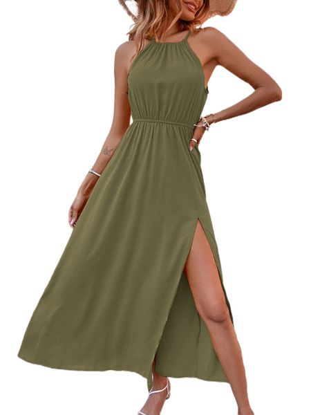 

split thigh halter dress h63z#, Black;gray