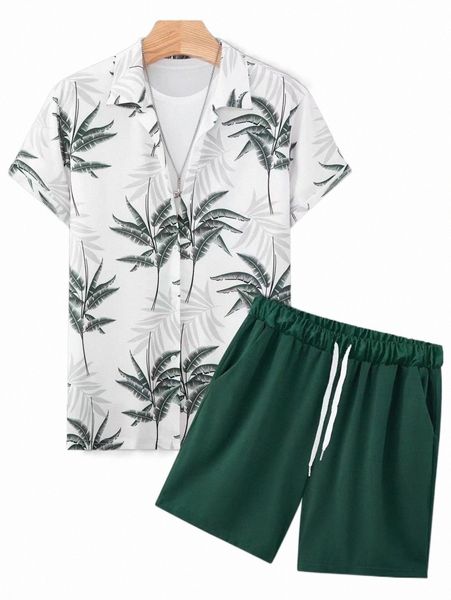 

men random tropical print shirt & drawstring waist shorts without tee a0gd#, Gray