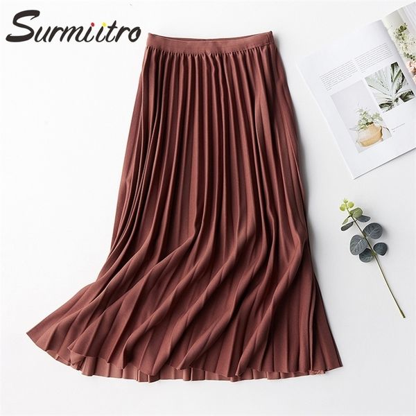 Surmiitro Casual Midi плиссированная юбка Женщины для корейских женщин красный черный зеленый зеленый цвет высокая школа с высокой талией Женщина 210311