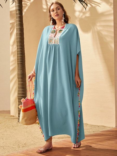 

plus floral embroidery fringe tunic dress w8q3#, Black