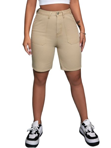 

zipper fly slant pocket solid denim shorts f5vz#, White;black