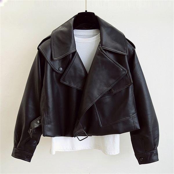

ftlzz spring women faux leather jacket biker red white coat turndown collar pu motorcycle jackets loose streetwear outerwear 220815, Black