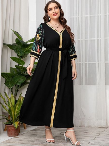 

plus random floral print embroidered trim belted dress w94d#, Black