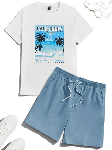 

men coconut tree & letter graphic tee & drawstring waist shorts 97to#, Gray