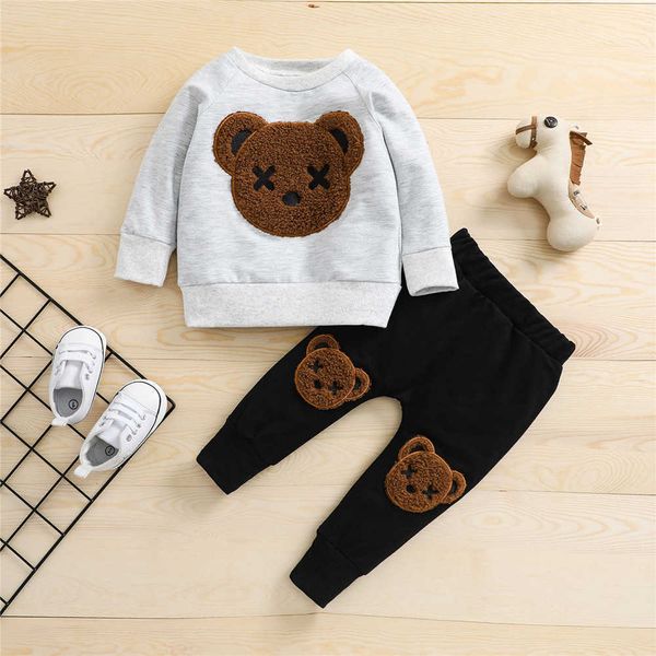

1-5 years kid boys girls set 2pcs tracksuit suits fall baby cartoon bear long sleeves sweatshirt elastic waist pants, White