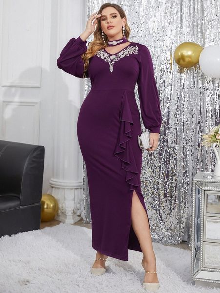 

plus embroidery pearls beaded ruffle trim split hem dress m3ob#, Black
