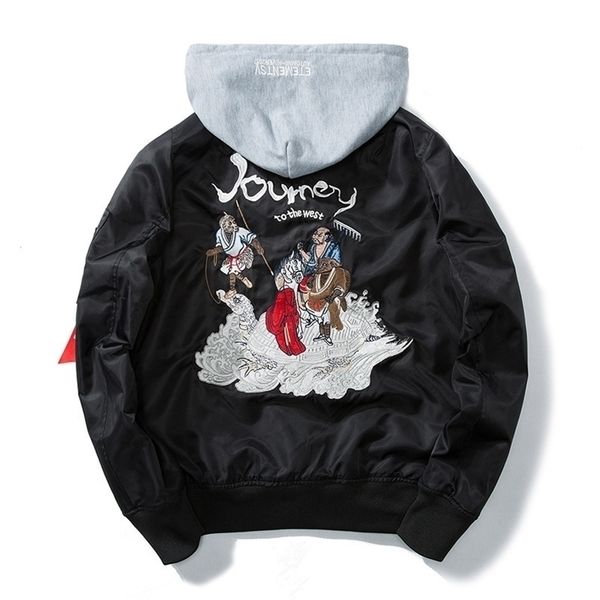

autumn men embroidery baseball jacket cartoon comics pilot flight jacket hooded youth couples coat chinese style windbreaker t200502, Black;brown