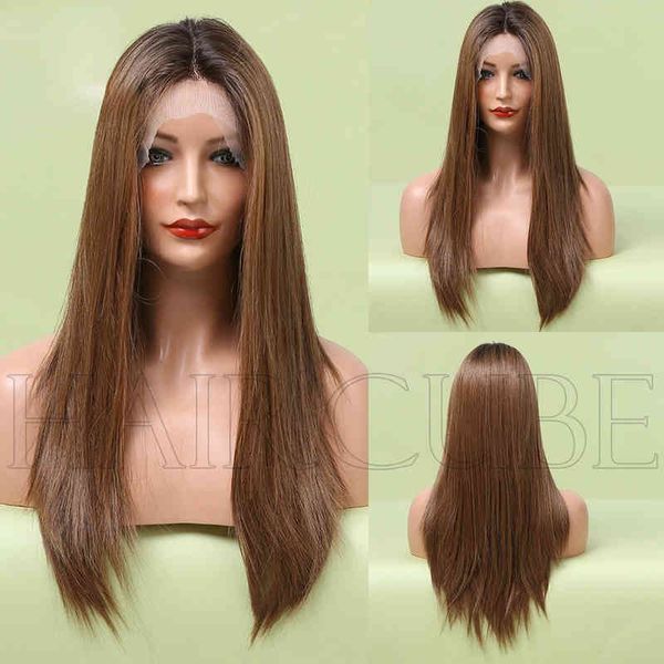 

nxy wigs style front lace women honey brown medium length straight hair wig headgear daily use wigs 220530, Black;brown