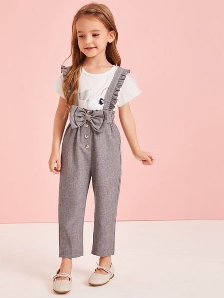 

toddler girls bow front frill trim suspender jumpsuit she, Blue