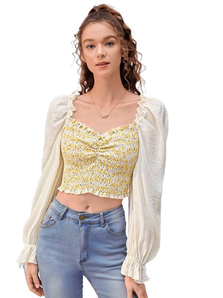 

mod ditsy floral print shirred flounce sleeve crop blouse x9h7#, White