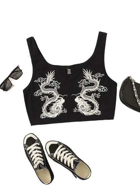 

plus chinese dragon print notched detail tank e9uw#, Black