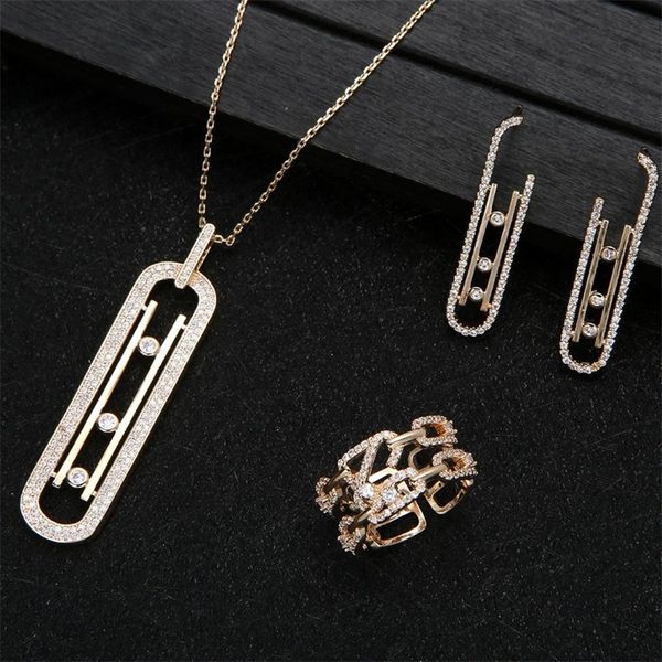 

luxury geometry link stackable pendant necklace earring ring set beautiful full cubic zircon charm women jewelry gift e9361, Golden;silver