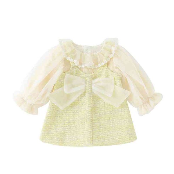 

autumn baby girl's sweet mesh long sleeve dress ruffled collar bow immortal a-line princess dress kids l220715, Red;yellow