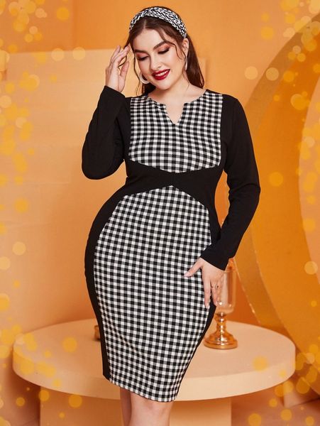 

plus gingham print notched neckline split back dress o2pj#, Black